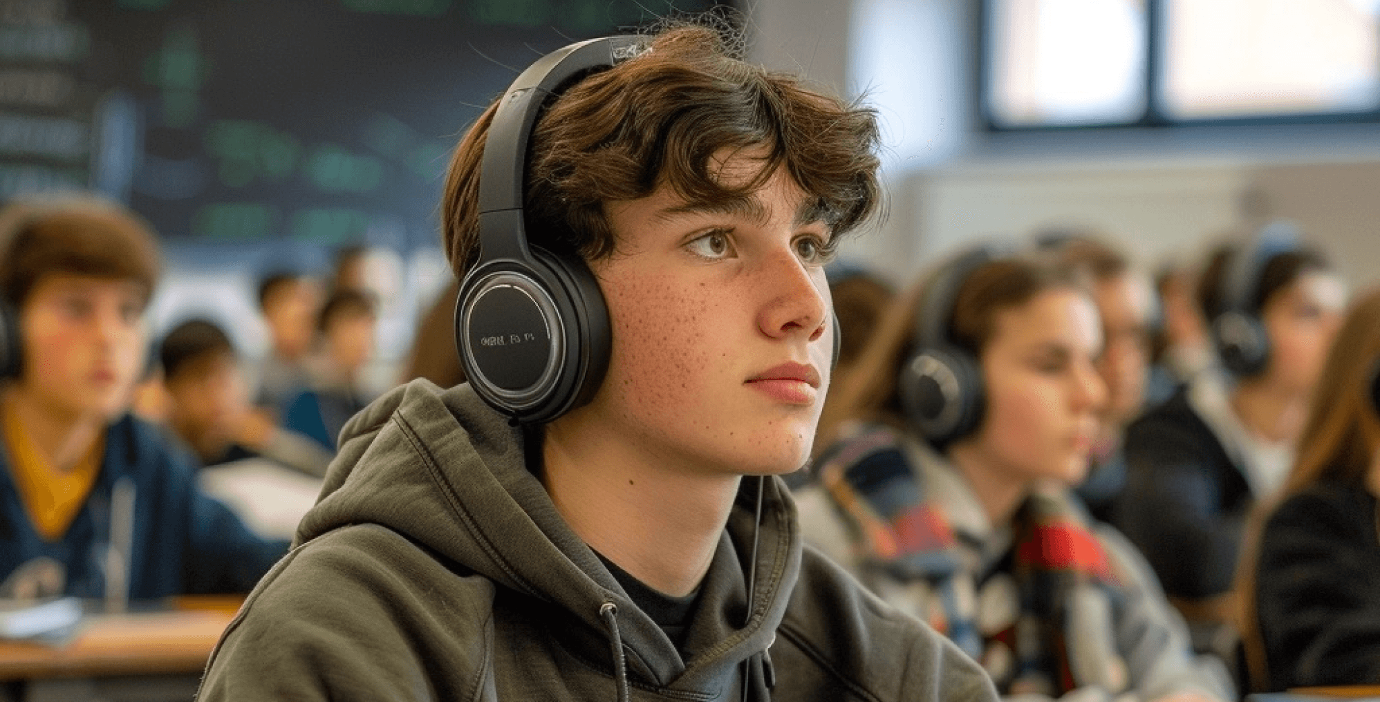 Student listening to a lecture using a device supporting hard of hearing children with BLE Audio